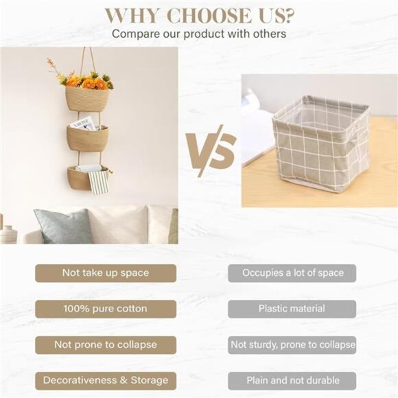 Over the Door Hanging Basket, 3-Tier Woven Cotton Wall-Mounted Storage Organizer - Picture 5 of 7